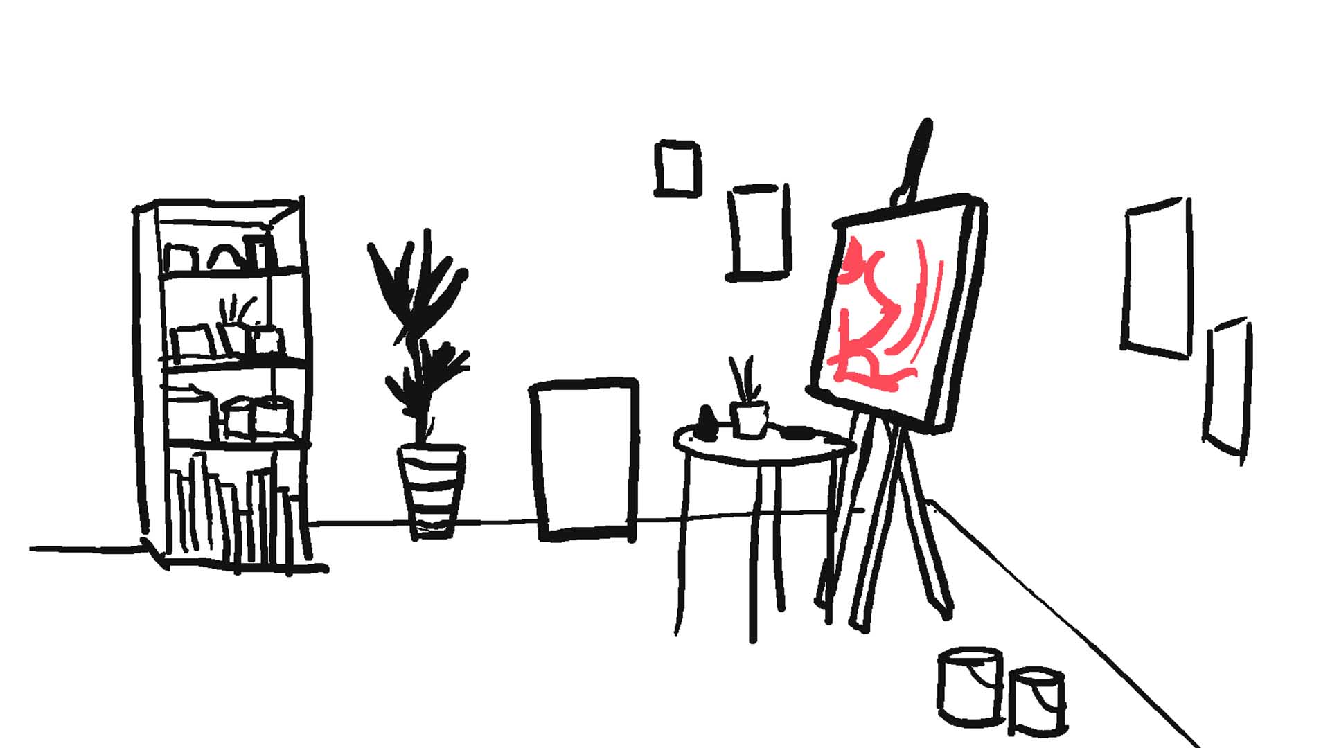 Un dessin d'un salon avec une peinture
